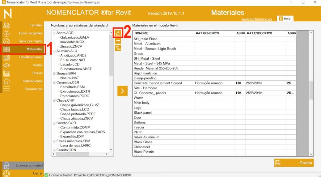 Abrir menú de materiales en Nomenclator for Revit