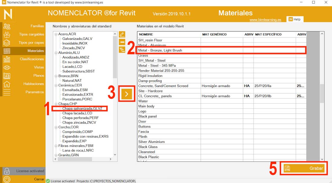 grabar abreviaturas de materiales en Nomenclator for Revit